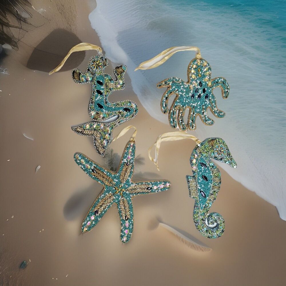 Pier 1 Seaside Lot 4 Christmas Ornaments Beach Beaded Mermaid Starfish Seahorse
